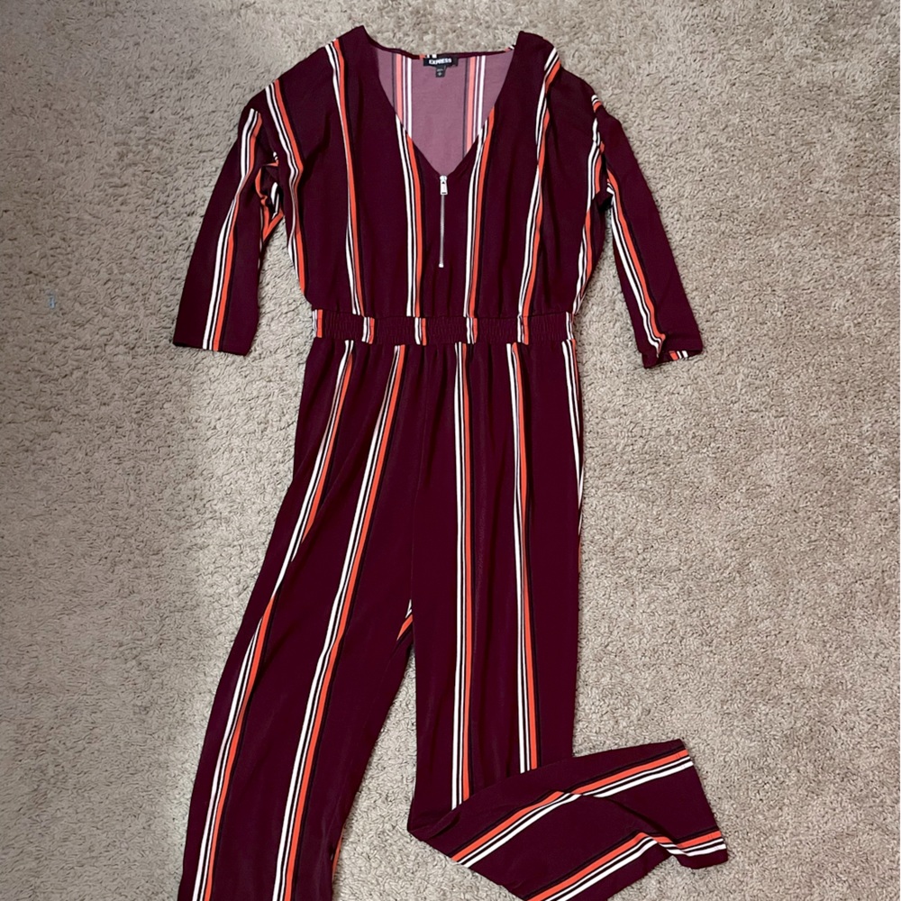 Express burgundy striped long romper size medium. 3/4 sleeve.